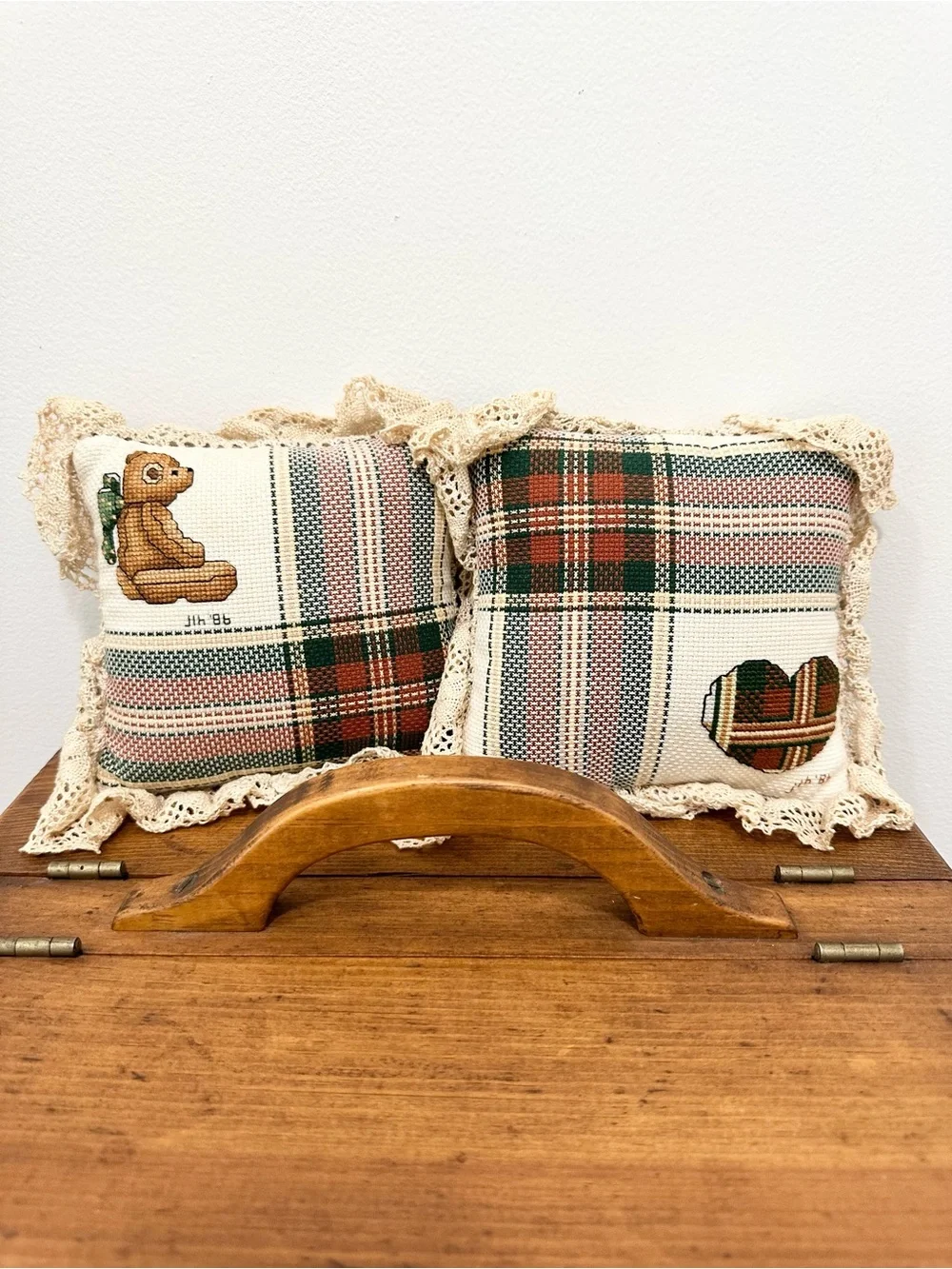 Vintage Handmade Plaid Decorative Cross Stitched Pillows Lace Trim Teddy Heart